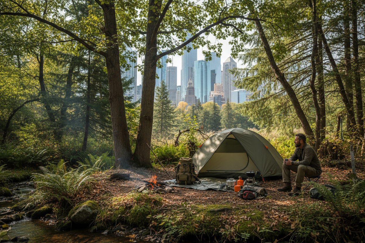 man camping in urban forest